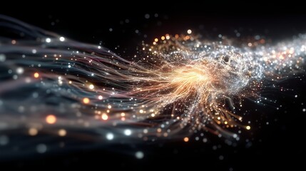 Dynamic Flow of Multicolor Particles and Light Trails Converging from Central Glow over Dark Background for Depicting Energy Transfer, Data Flow, and Conceptual Scientific Visualization