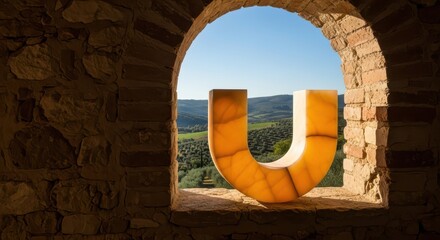 Illuminated Letter U in Rustic Window Frame Overlooking Lush Green Landscape