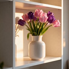 분홍보라튤립이담긴화이트세라믹꽃병인테리어