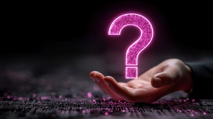 Human Hand Extended Upward beneath Large Glowing Pink Question Mark with Circuit Pattern over Dark Electronic Background, symbolizing Technological Inquiry, Curiosity, and Digital Knowledge