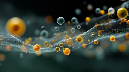 Varied Spherical Particles in Orange, Yellow, and Green Floating along Semi‑Transparent Strands with Embedded Light Points, illustrating Microscopic Motion and Complex Material Interaction