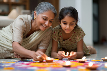 Fototapeta premium Indian family celebrating Diwali at home, lighting diyas and candles, colorful rangoli on floor, 