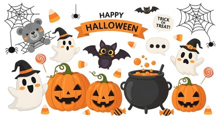 Naklejka premium Illustration of happy halloween illustration with pumpkins and ghosts isolated on white background