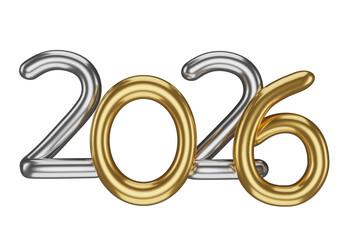 Golden  and Silver 2026 Balloons 3D render, Isolated Collection of Bright Shiny Numbers, Festive New Year Decor.