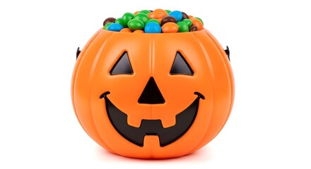 Illustration of halloween pumpkin bucket full of candy isolated on white background
