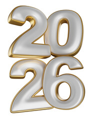 Minimalist golden and silver numbers 2026 in 3D render on isolated white background. 3D illustration