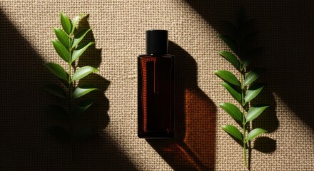 Brown Glass Perfume Bottle with Green Leaves and Shadows