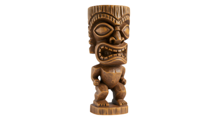 Brown Wood Tiki Carving sits in studio light; ideal for travel ads, culture blog posts, and museum exhibit promotions.
