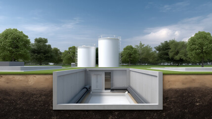 Obraz premium Creative concept: split view between above-ground tanks and underground disposal chambers.
