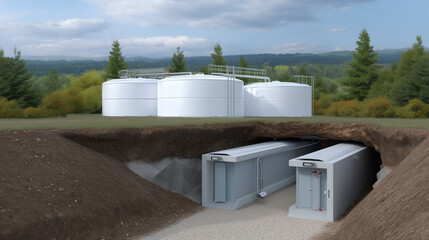 Creative concept: split view between above-ground tanks and underground disposal chambers.