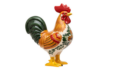 Ornamental ceramic rooster shows traditional art; is great for folk decor, posters.