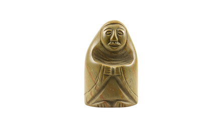 Ancient tan-green sculpture presents stone texture against a black backdrop, ideal for art history education and cultural heritage presentations.
