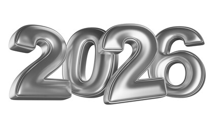 Silver minimalist numbers 2026 in 3D render isolated white background. 3D illustration