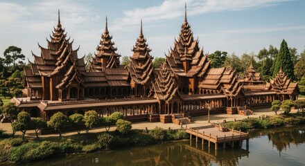 Fototapeta premium Traditional Thai Wooden Palace with Multiple Roofs and Waterfront Setting