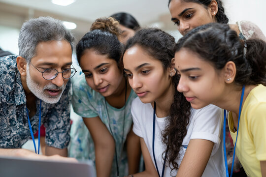 Indian teacher explaining coding concepts to group of teenage girls in classroom, STEM education, - Powered by Adobe