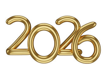 Golden minimalist numbers 2026 in 3D render isolated white background. 3D illustration
