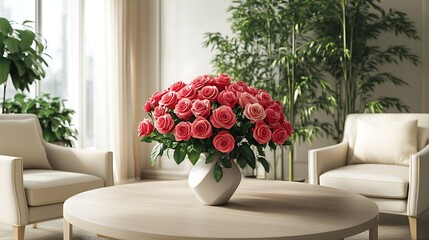 A bouquet of pink roses in a white vase on a table in a living room setting
