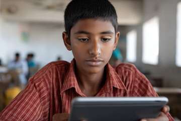 Teenage Indian boy learning math with tablet in rural school classroom, authentic environment, 