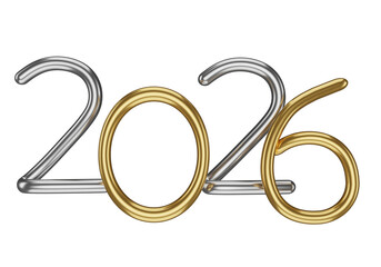 Golden  and Silver 2026 Balloons 3D render, Isolated Collection of Bright Shiny Numbers, Festive New Year Decor.