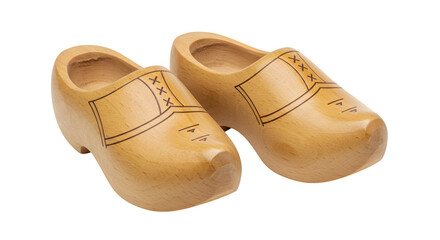 Wooden clogs shine, showcasing smooth, light wood and etched details.  The simple design adds a rustic touch for cultural displays or folklore projects.