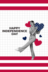 Creative poster banner collage of dancing girl hold stars heart for happy independence day on pastel color background