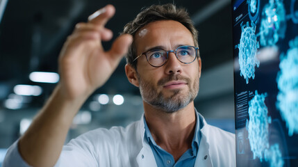Nuclear engineer explaining storage system with digital holographic interface.