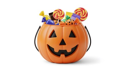 Illustration of pumpkin bucket with candy isolated on white background