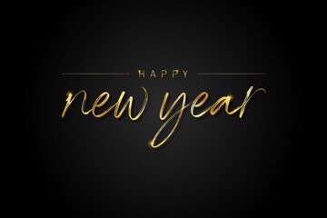 gold, happy new year hand-drawn, handwritten lettering on black background. calligraphy, typography, design vector illustration.