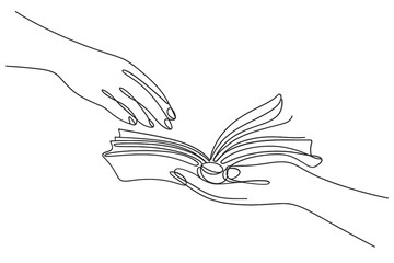 Hands exchanging an open book in a continuous line drawing
