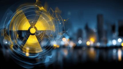 Conceptual glowing infographic overlay showing nuclear waste management.