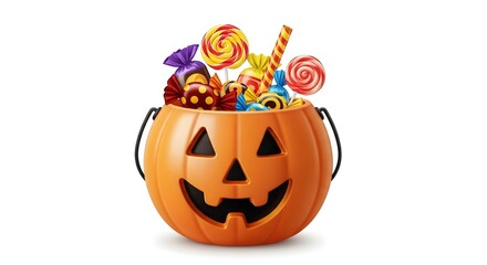 Fototapeta premium Illustration of halloween pumpkin bucket full of candy isolated on white background