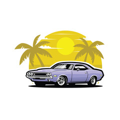 American classic muscle car in summer beach vector illustration isolated. Best for automotive tshirt design