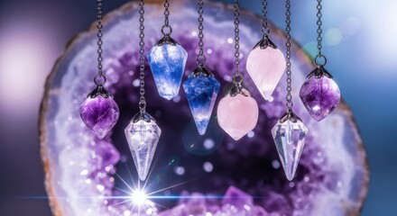 Beautiful Crystal Pendulums Hanging in Geode Display