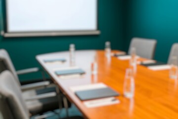 Naklejka premium Blurry relaxing meeting room with wooden table and ready for drink water bottle 