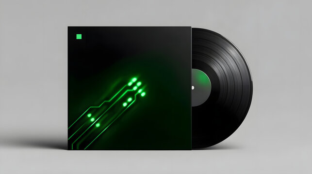 A close-up view of a modern, minimalist music technology device, such as a vinyl record player or audio equipment, with a black and green abstract design and LED lighting elements.