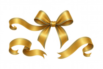 Gold satin ribbon bow with elegant blue stripes decorating gifts, celebrations, and festive events with luxury on transparent background