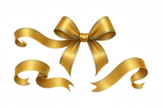 Gold satin ribbon bow with elegant blue stripes decorating gifts, celebrations, and festive events with luxury on transparent background