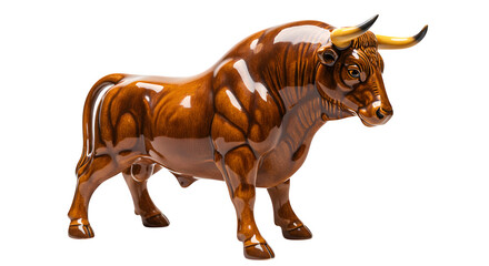 Brown ceramic bull statue gleams, showcasing fine detail. Artful decor with black background, perfect for gifts, home decor, or collectibles.