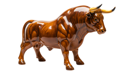 Brown ceramic bull statue gleams, showcasing fine detail. Artful decor with black background, perfect for gifts, home decor, or collectibles.