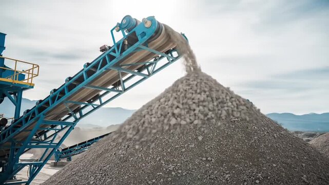 Aggregate Production - Conveyor Belt Delivering Crushed Rock to Stockpile.