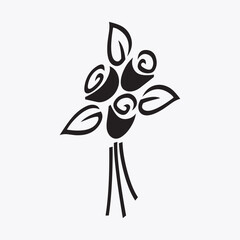 Black and white stencilstyle illustration of a bouquet of roses with leaves, isolated on a light gray background