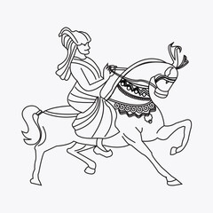 Line art of a man in traditional attire riding a decorated horse, isolated on white background