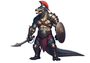 Obraz premium A formidable crocodile warrior, clad in detailed Roman-style armor, holds a sword and shield, showcasing a dynamic pose against a stark black backdrop.