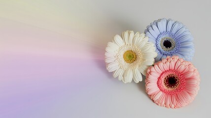Obraz premium A vibrant composition featuring three colorful gerbera daisies in white pink and blue hues arranged on a soft gradient background, perfect for spring themes.