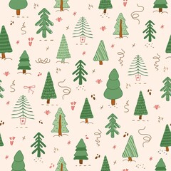 seamless pattern, Fir tree, stars, dots, snow,  line drawing,  pink design, elements are isolated on white background. Simple conceptfor winter season cards, for  party banner, print. art illustration