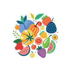 A colorful flat vector illustration of various fruits arranged in a circle. Include bananas, strawberries, watermelon, apple, pear, pineapple, and grapes. Use a playful and cartoonish style 
