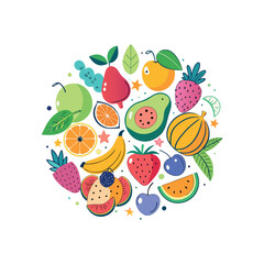 A colorful flat vector illustration of various fruits arranged in a circle. Include bananas, strawberries, watermelon, apple, pear, pineapple, and grapes. Use a playful and cartoonish style 