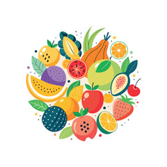 A colorful flat vector illustration of various fruits arranged in a circle. Include bananas, strawberries, watermelon, apple, pear, pineapple, and grapes. Use a playful and cartoonish style 