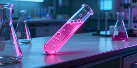 3D Neon Pink Bubbling Test Tube on Laboratory Bench Halloween Theme with Beakers and Gently Bubbles