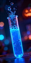 3D glowing test tube with neon blue bubbling liquid, isolated Halloween laboratory element, close-up